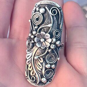 Handcrafted Native American Sterling Silver Intricate Nature Scene Long Ring